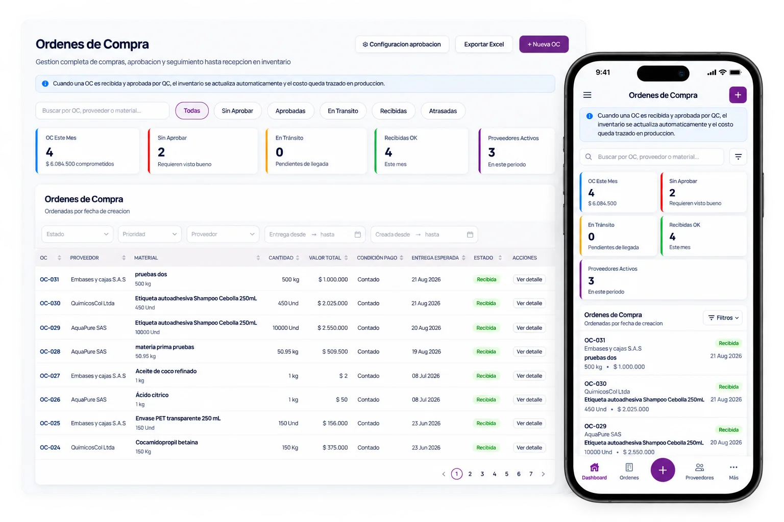 Codenull mostrando el módulo de Órdenes de Compra en versión web y móvil